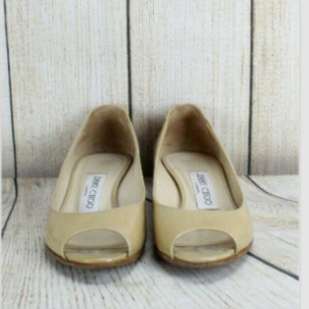 Jimmy Choo Beige Patent Leather Peep Toe Low Wedge Slip On Shoes Size 5 - Picture 4 of 8